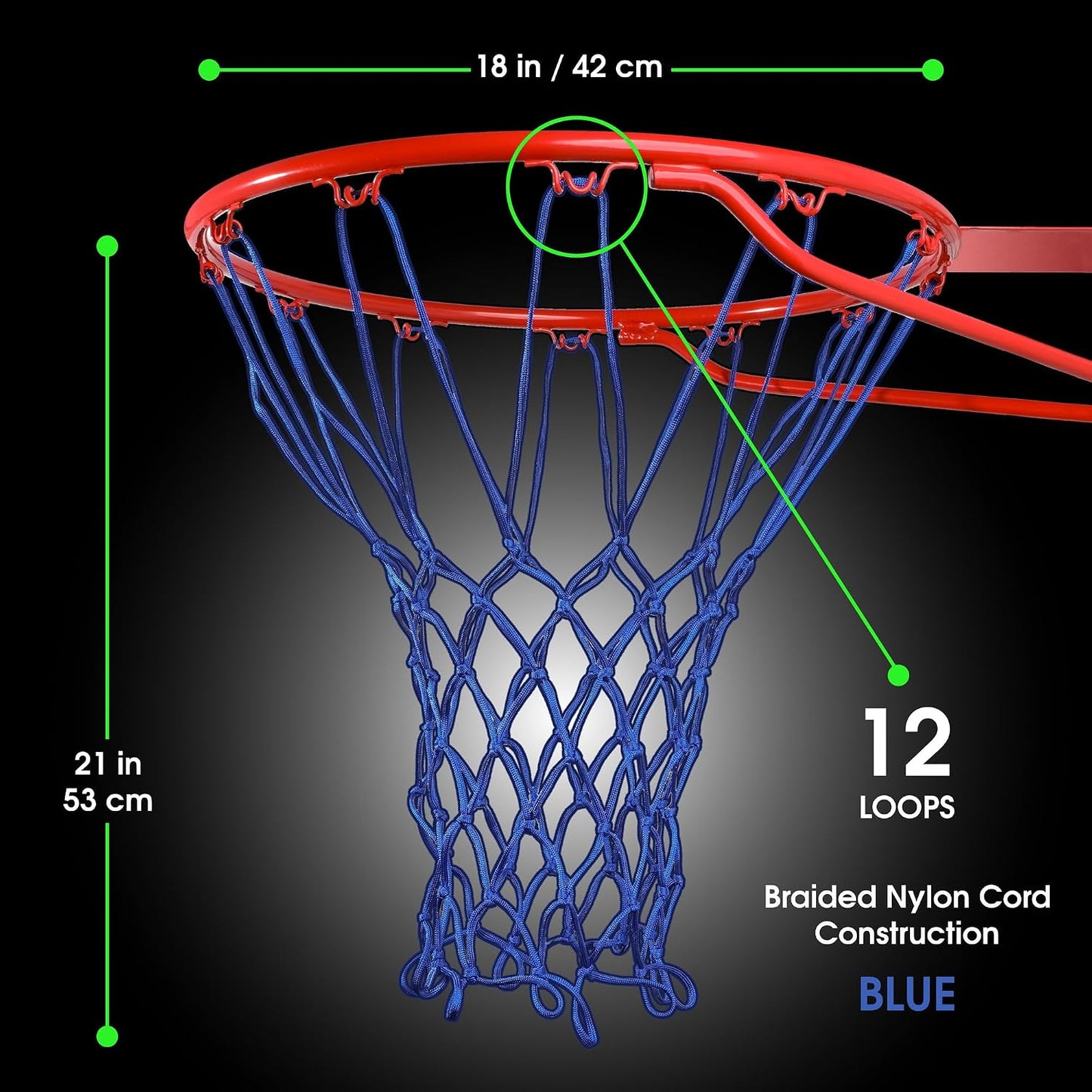 Red de baloncesto resistente 21pulg 12 bucles para todos los aros