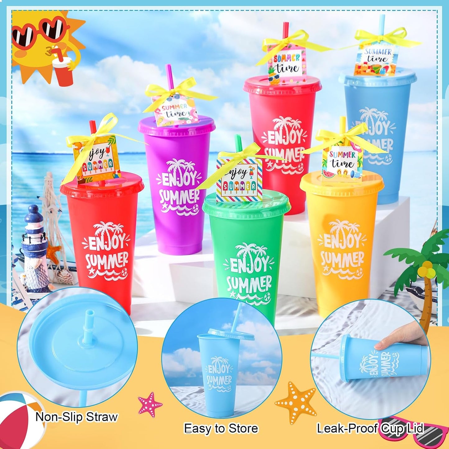 48 Set Regalo Estudiantes Vasos 24oz con Tapas Pajitas