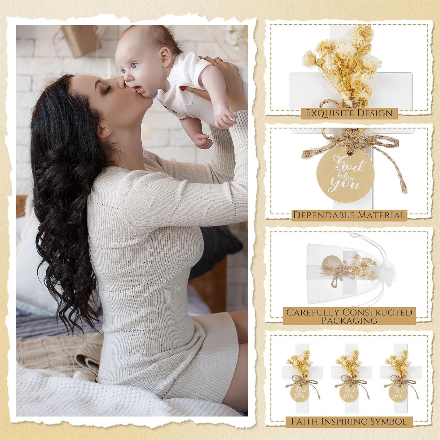 48 Set Regalos Bautismo Madera Cruz Flor Blanco