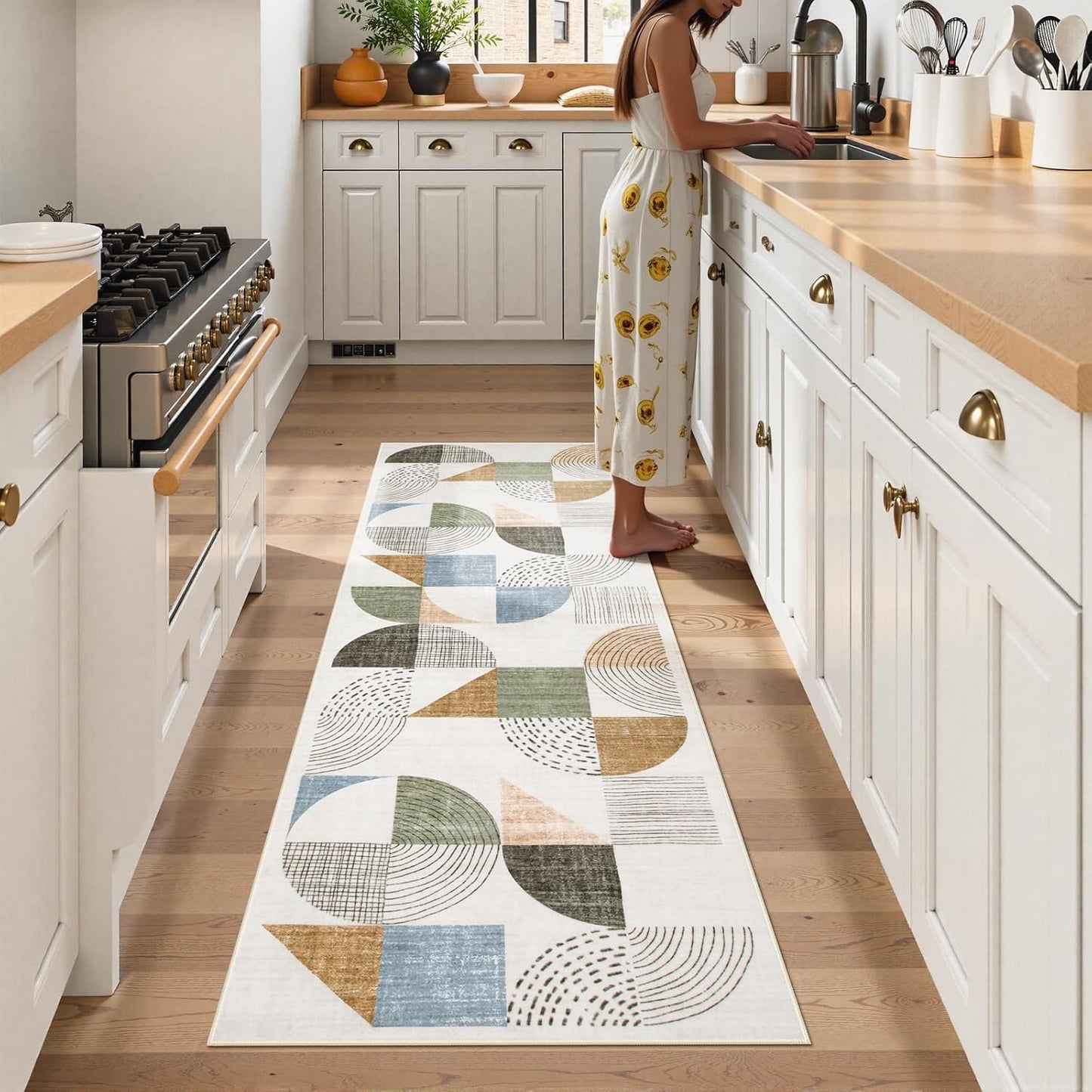 Alfombra pasillo boho 2x6" antiderrap goma geométrica