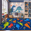 Alfombra dormitorio niños 5x7m azul dibujos animados