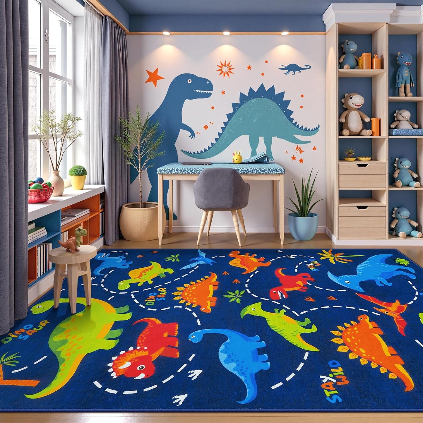 Alfombra dormitorio niños 5x7m azul dibujos animados