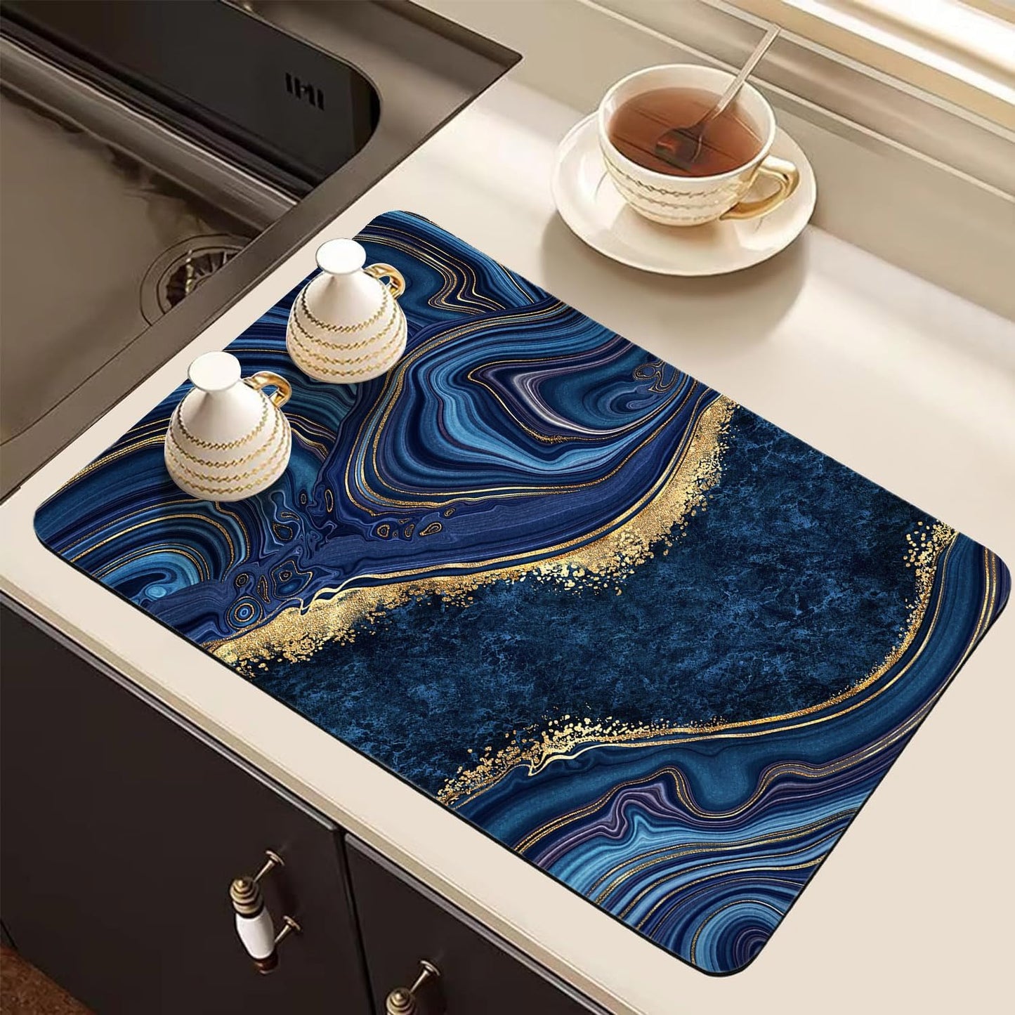 Tapete secado platos encimera mármol azul venas doradas 12x