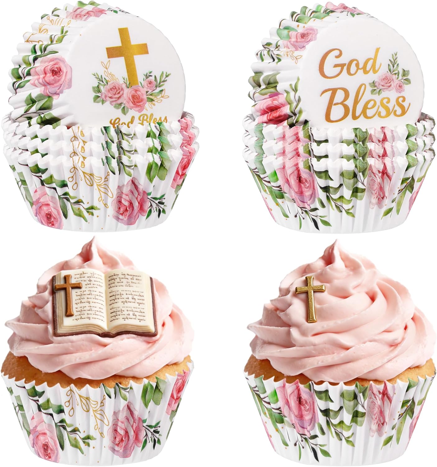 200 Forros Cupcakes Diseño Floral Cruz Bautizo Comunión