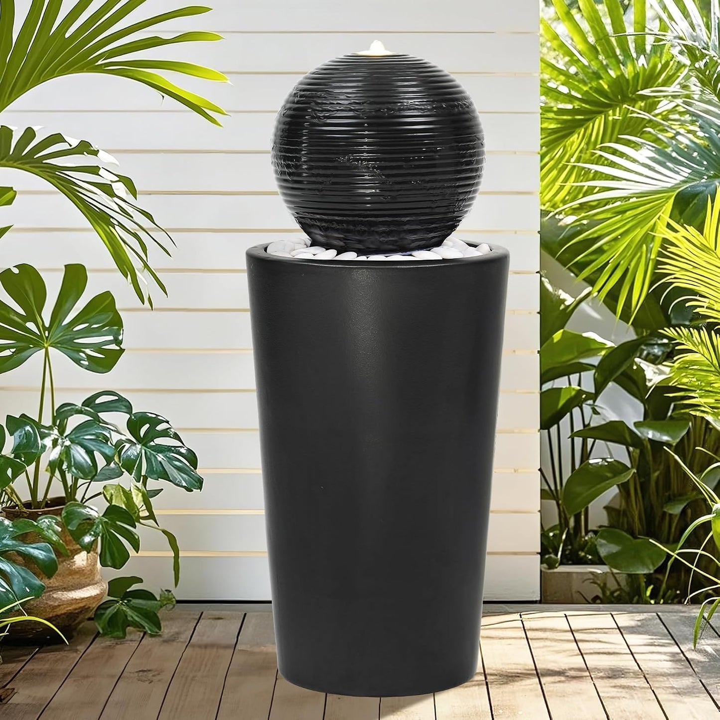 Fuente agua cerámica 30pulg LED esmalte negro