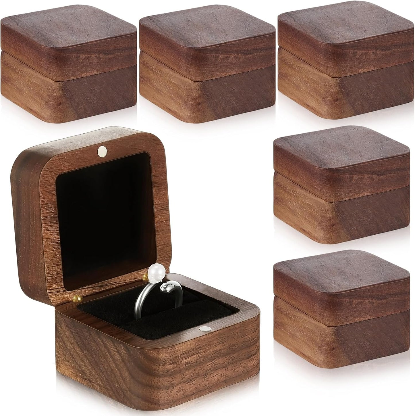 6 Cajas Madera Anillos Boda Mini Soporte Compromiso Negro