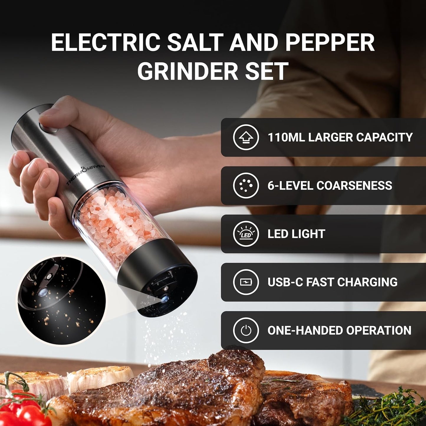 Juego molinillo sal y pimienta eléctrico 110ml 6 niveles