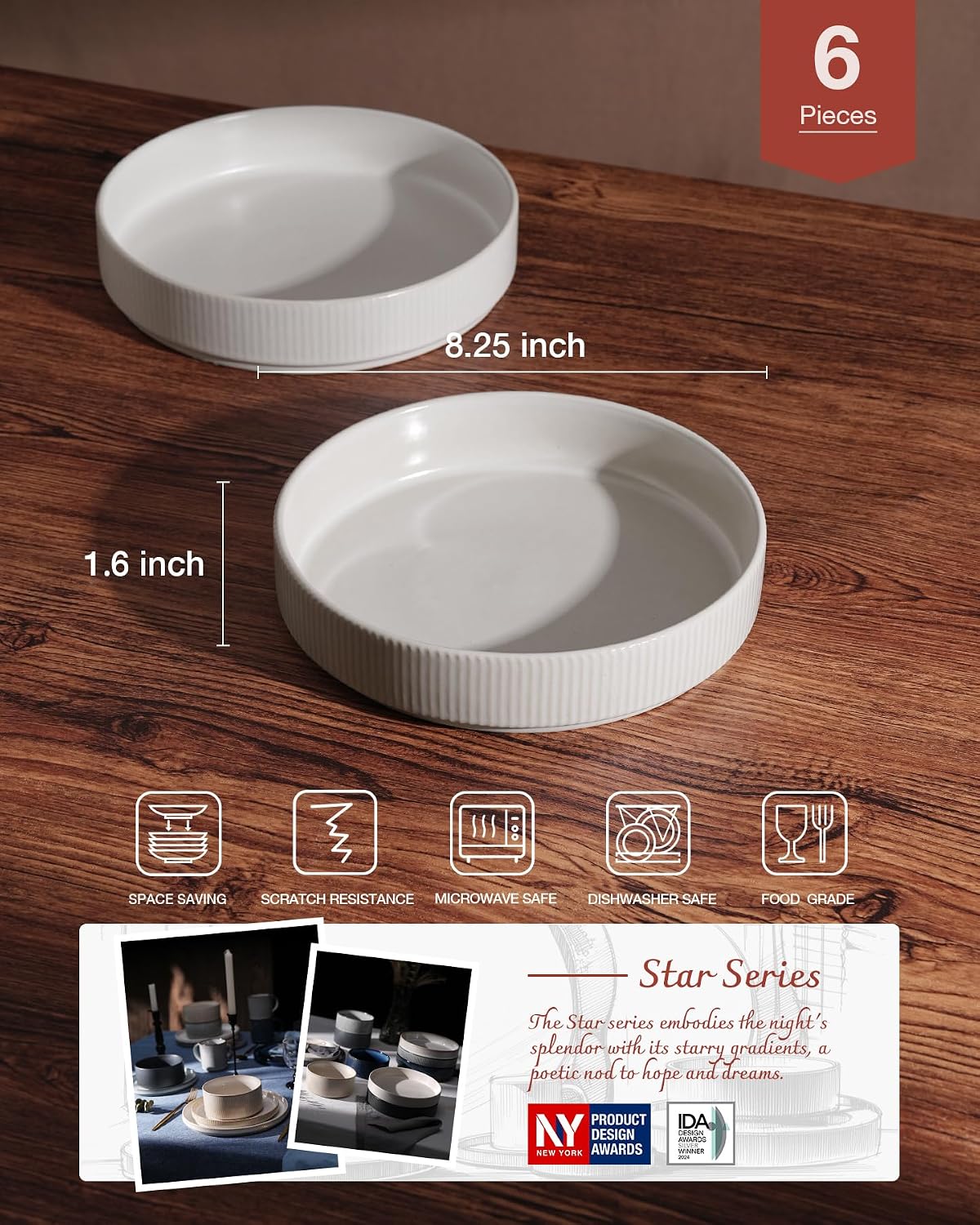 Set 6 Cuencos Pasta Blanco Mate Poco Profundos