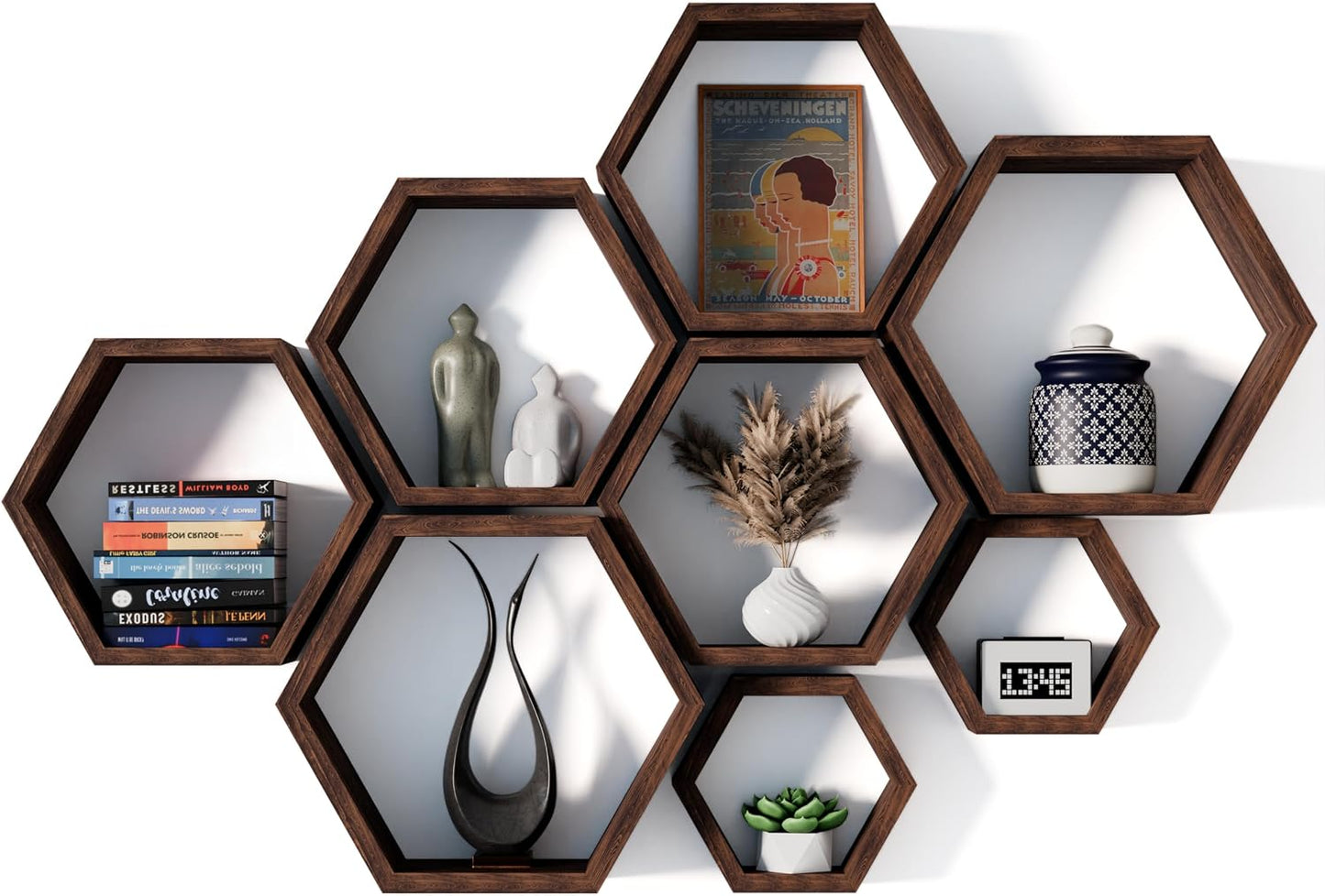 Set 8 estantes flotantes hexagonales madera granja