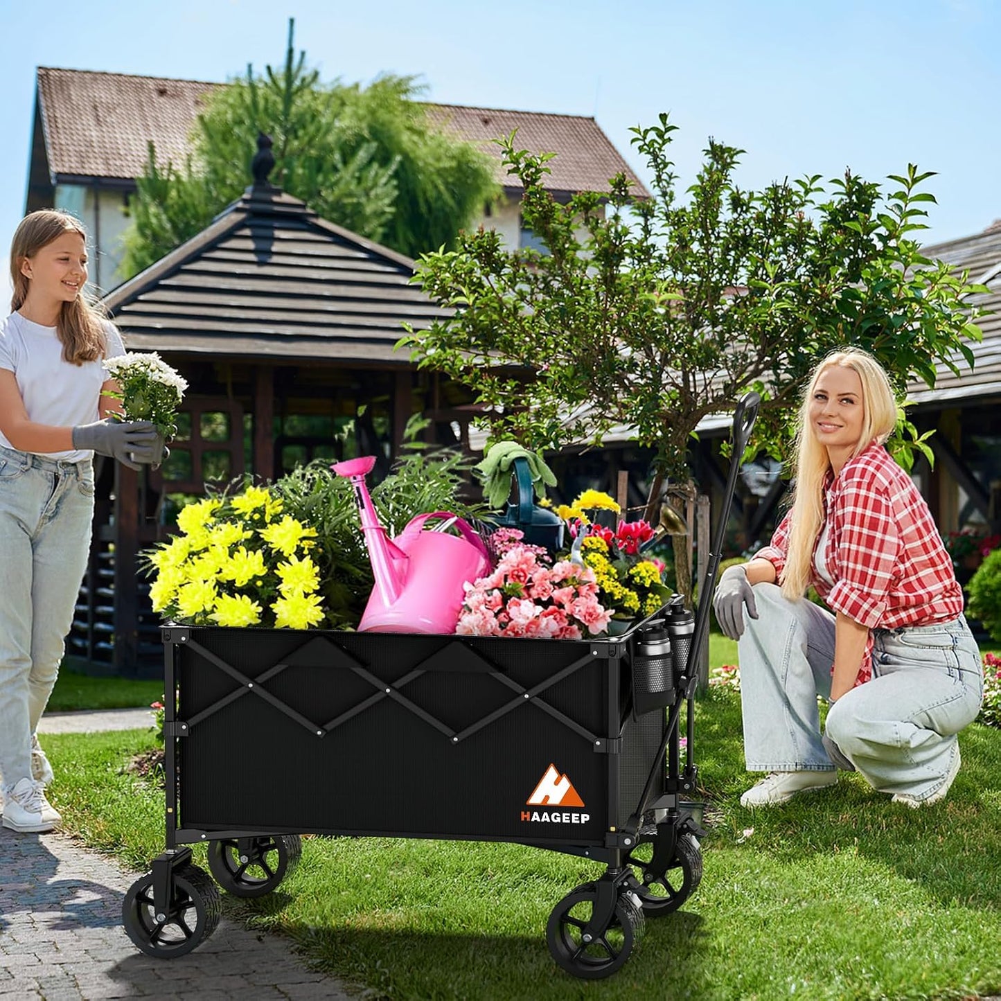 Carro plegable resistente para compras jardín 200L negro