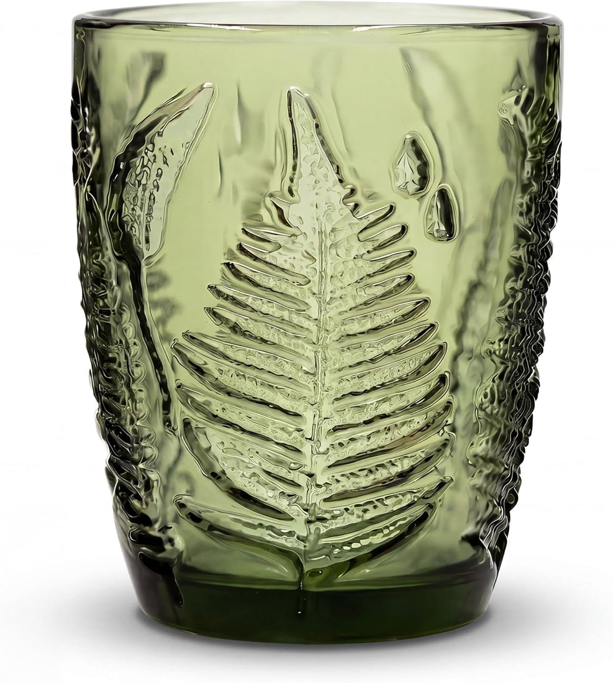 Vaso bajo con relieve de helecho verde vintage para agua, jugo y cócteles