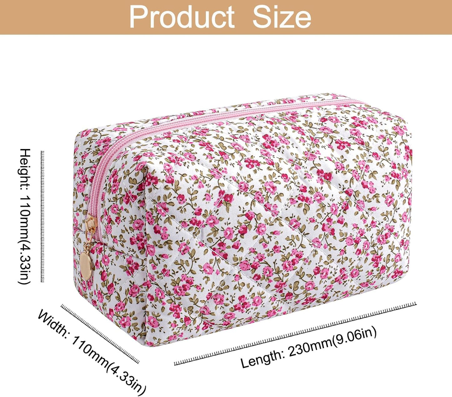 Bolsa maquillaje con cremallera flores portátil para mujer