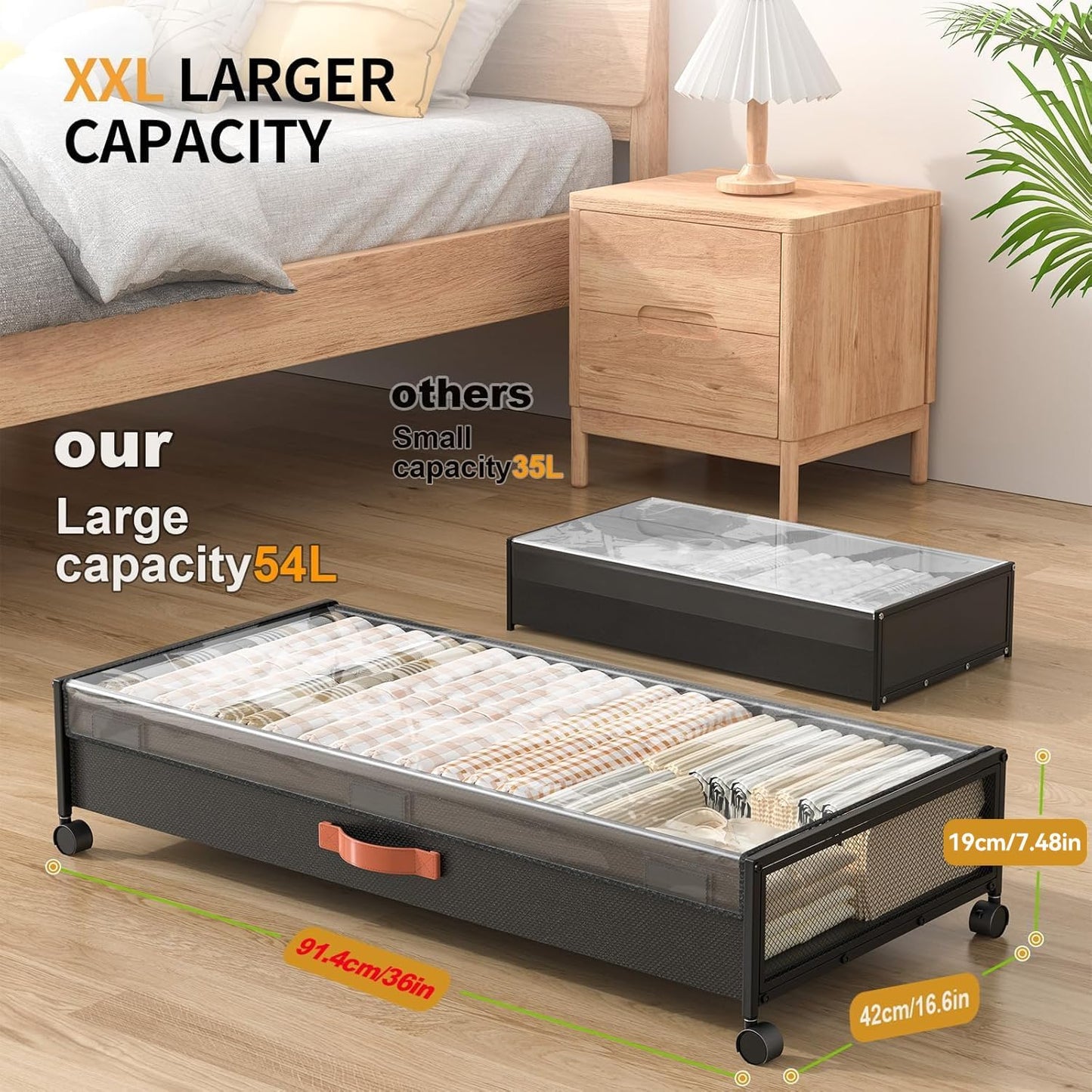 Caja almacenamiento bajo cama con ruedas 54L para dormitorio