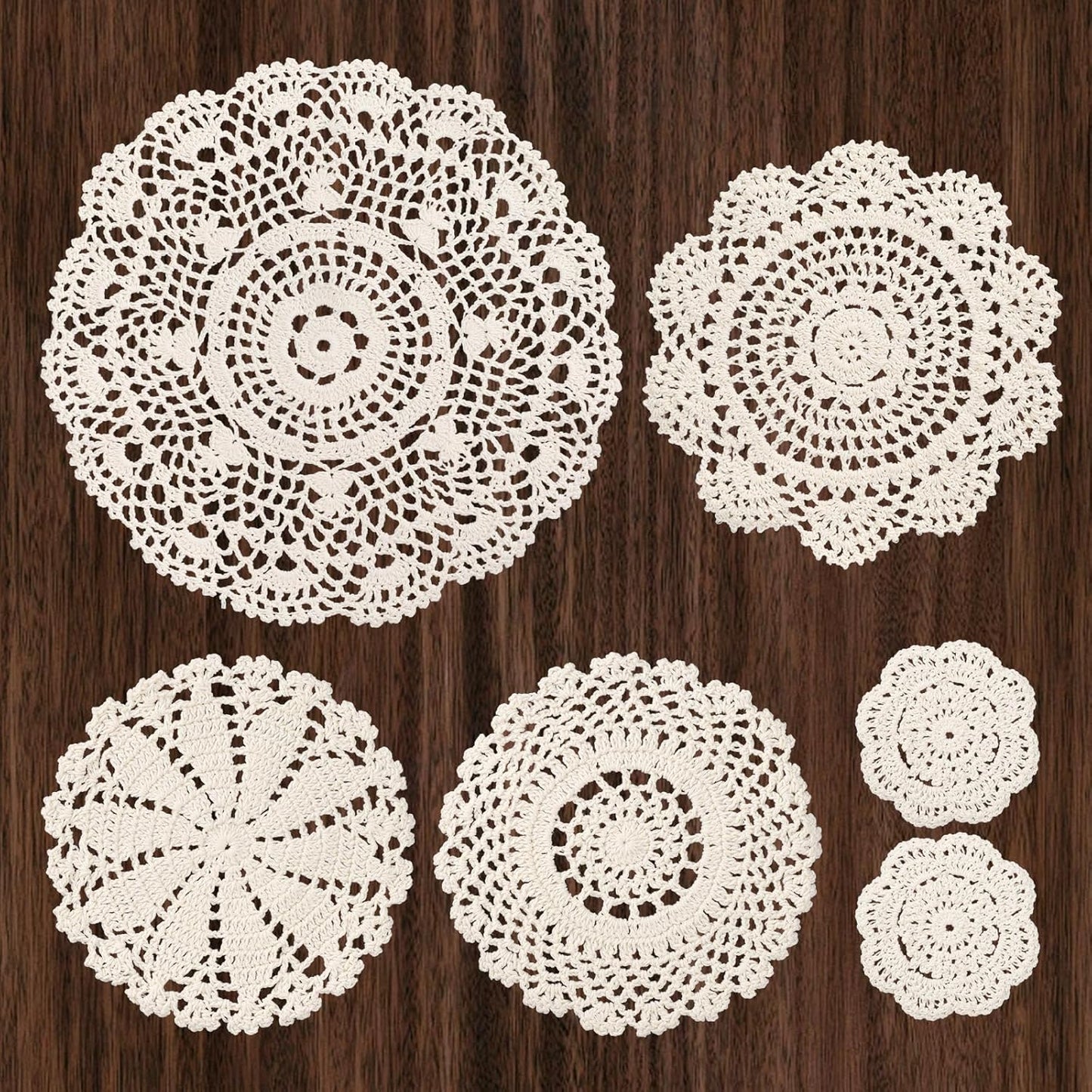 Set 6 manteles redondos encaje algodón beige para hogar