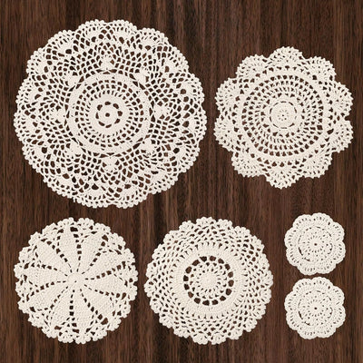 Set 6 manteles redondos encaje algodón beige para hogar