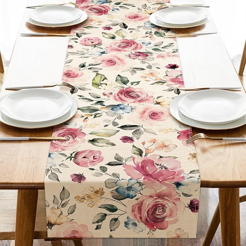 Camino mesa flores rosas primavera verano decoración acuarela
