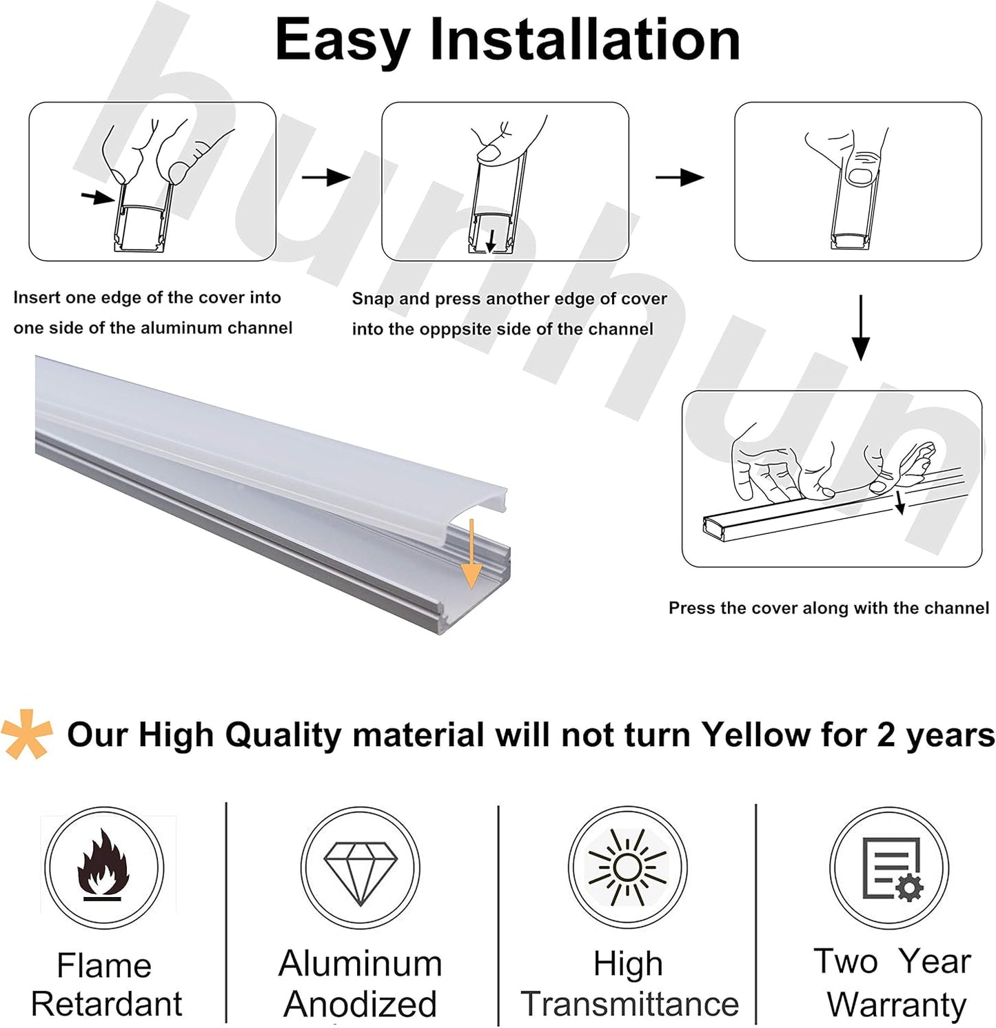 Perfil aluminio LED forma U 6.6ft con cubierta lechosa