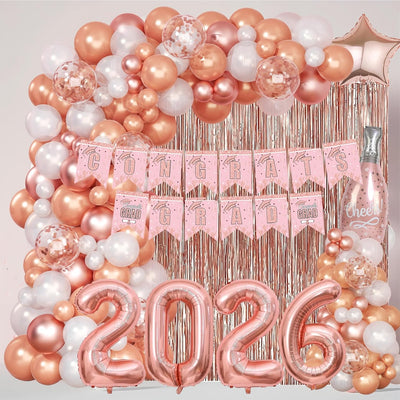 Decoración graduación 2025 oro rosa globos pancarta cortina