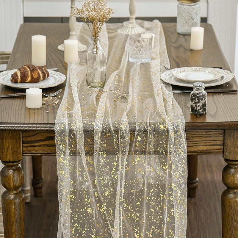 Camino mesa gasa beige dorado 120pulg 10ft purpurina transparente