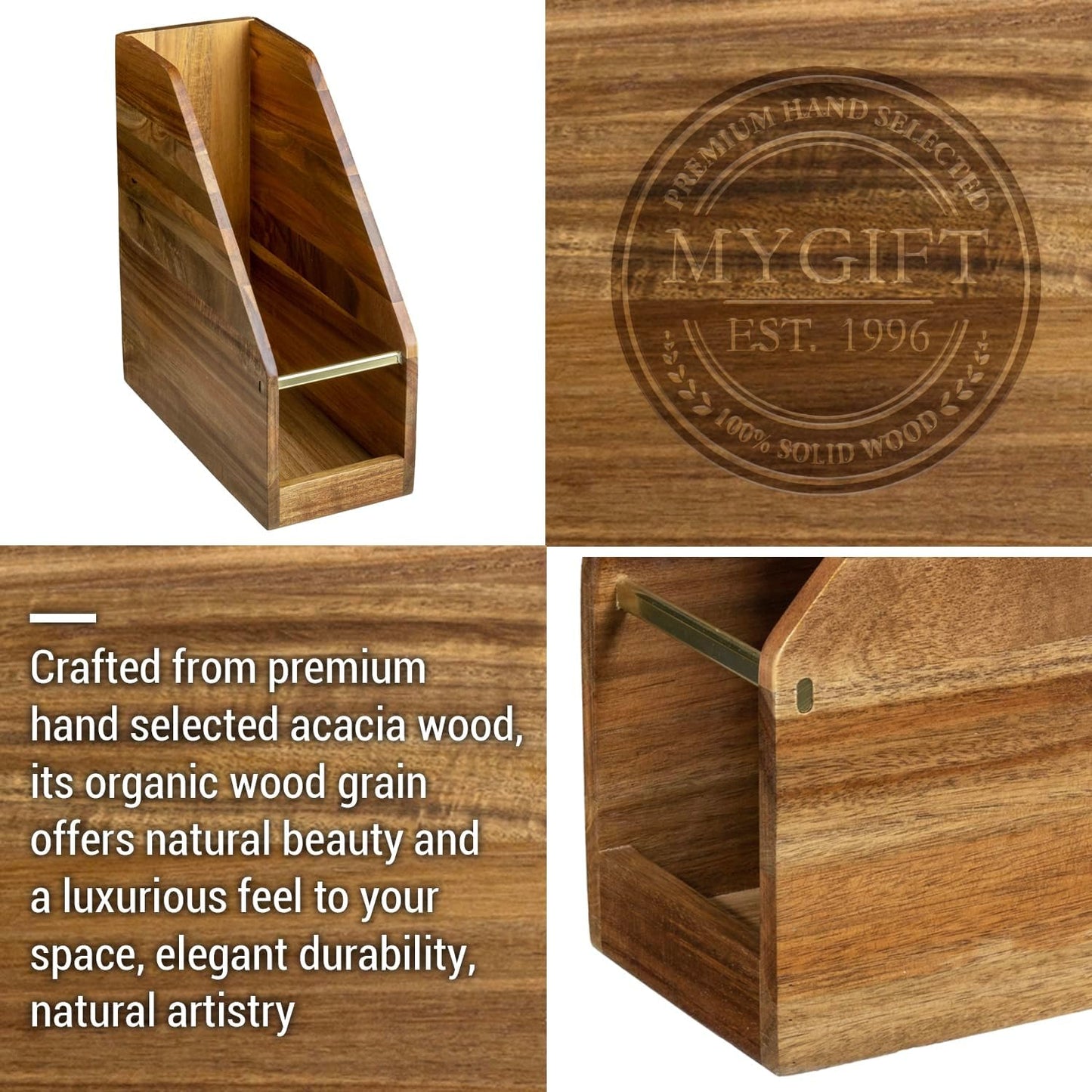Papelera madera acacia metal latón escritorio vertical