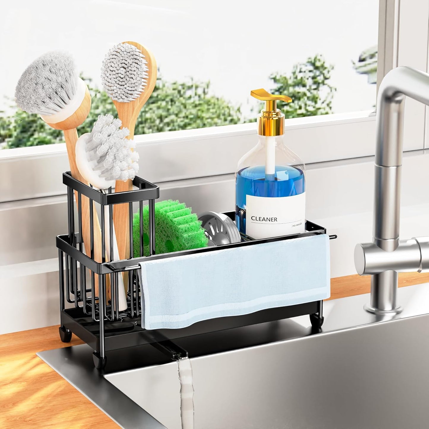 Soporte esponjas fregadero acero inox con toallero y cepillo