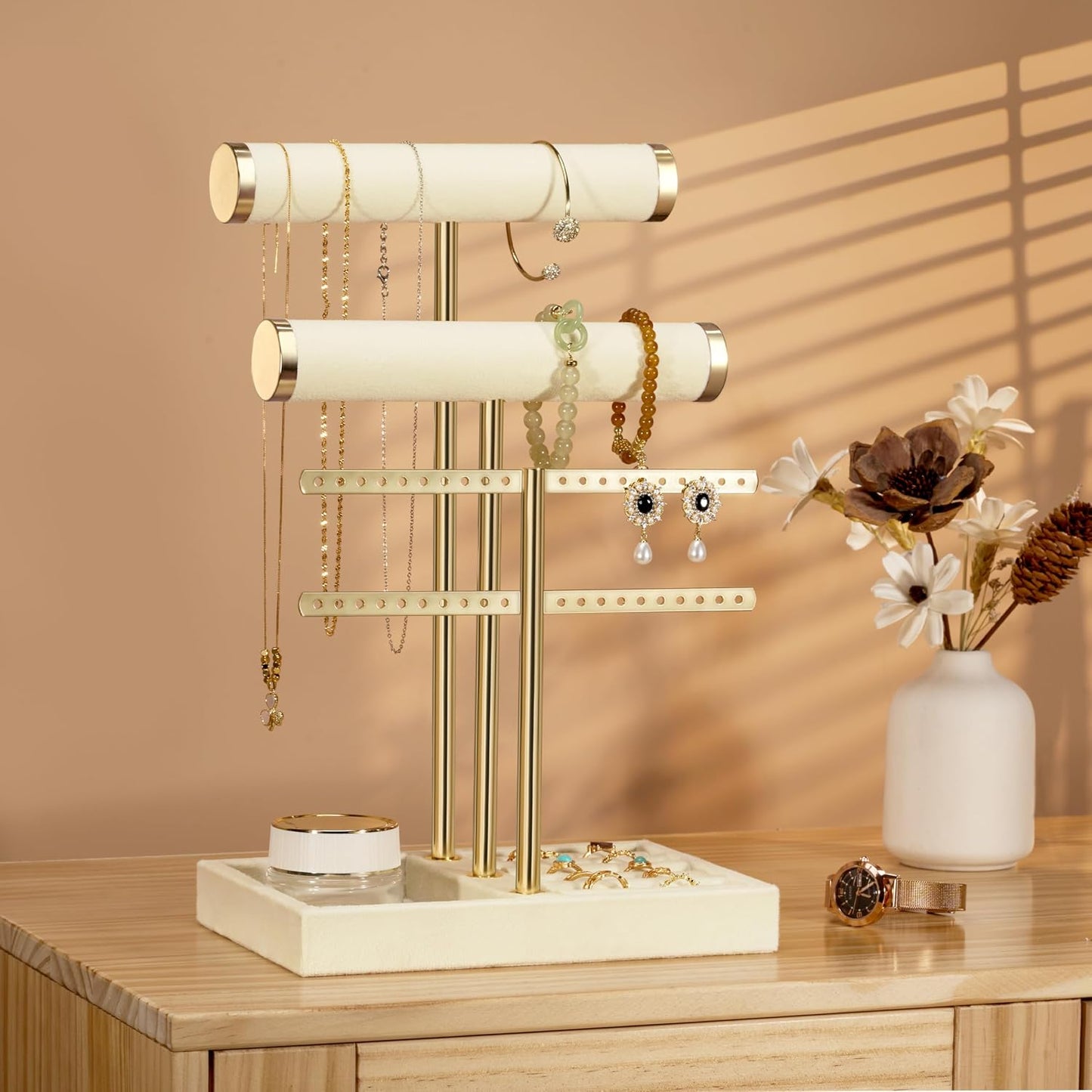 Soporte pulseras 3 niveles terciopelo beige organiz. joyas