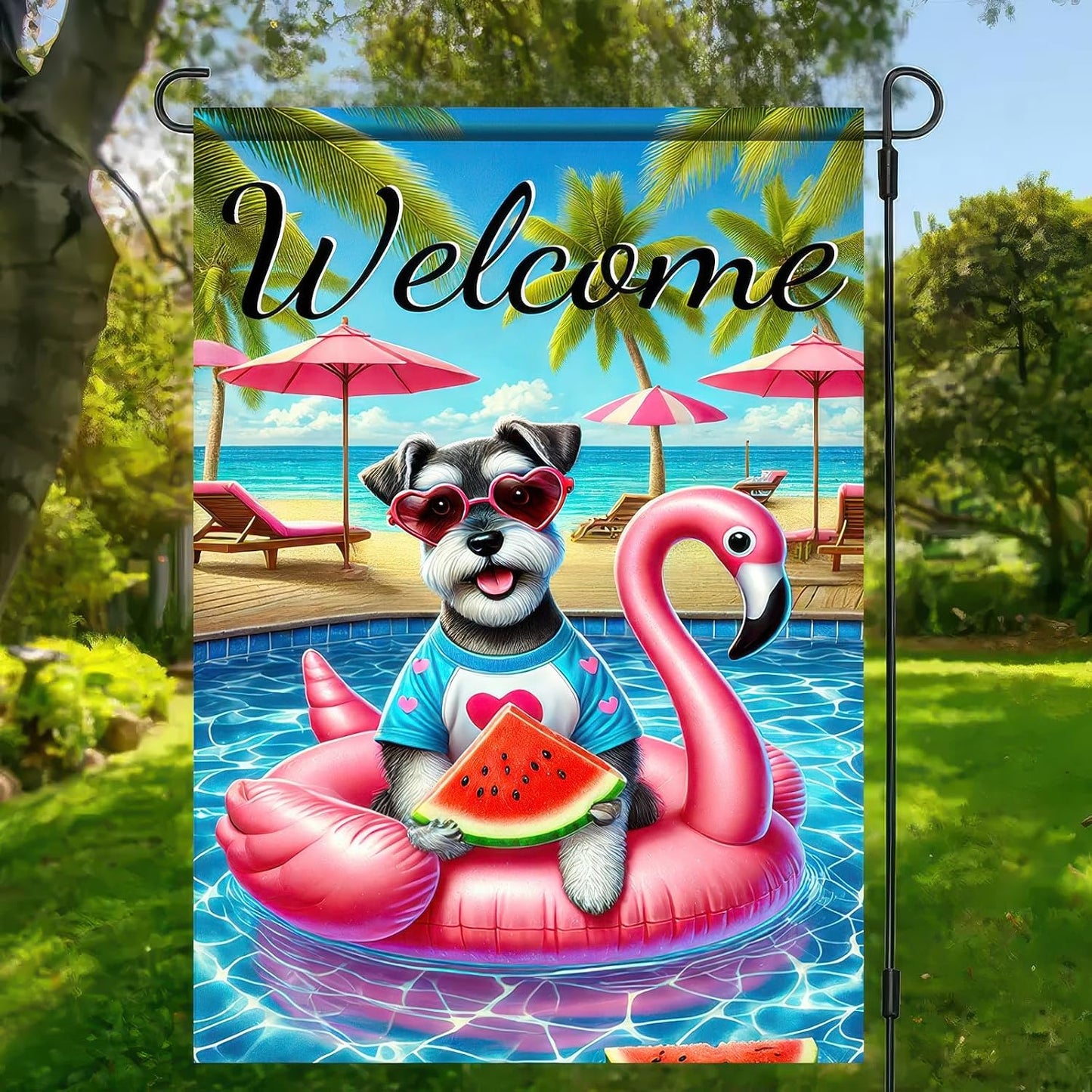 Bandera bienvenida perro schnauzer 12x18pulg
