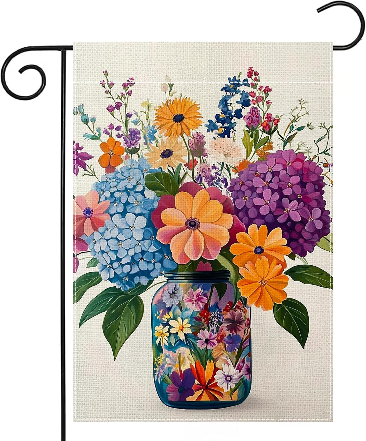 Bandera jardín tarro albañil hortensias 12x18pulg doble cara