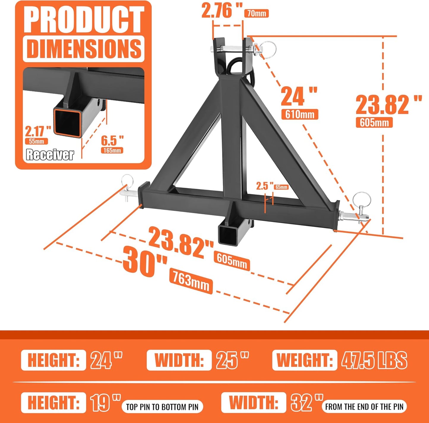 Enganche remolque 3 puntos 2" comp Kubota John Deere Cat