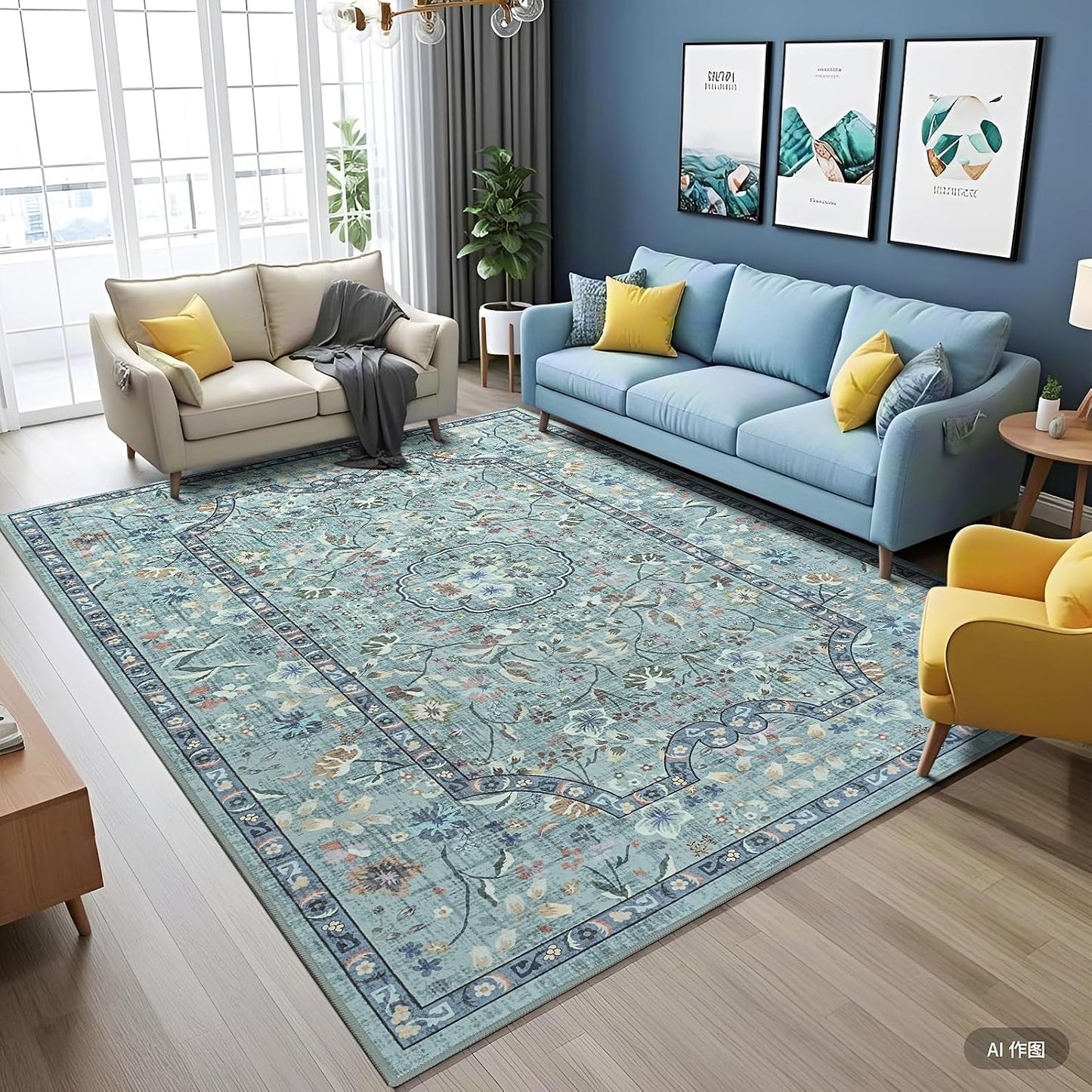 Alfombra 3x5m antiderrap estilo granja azul vintage