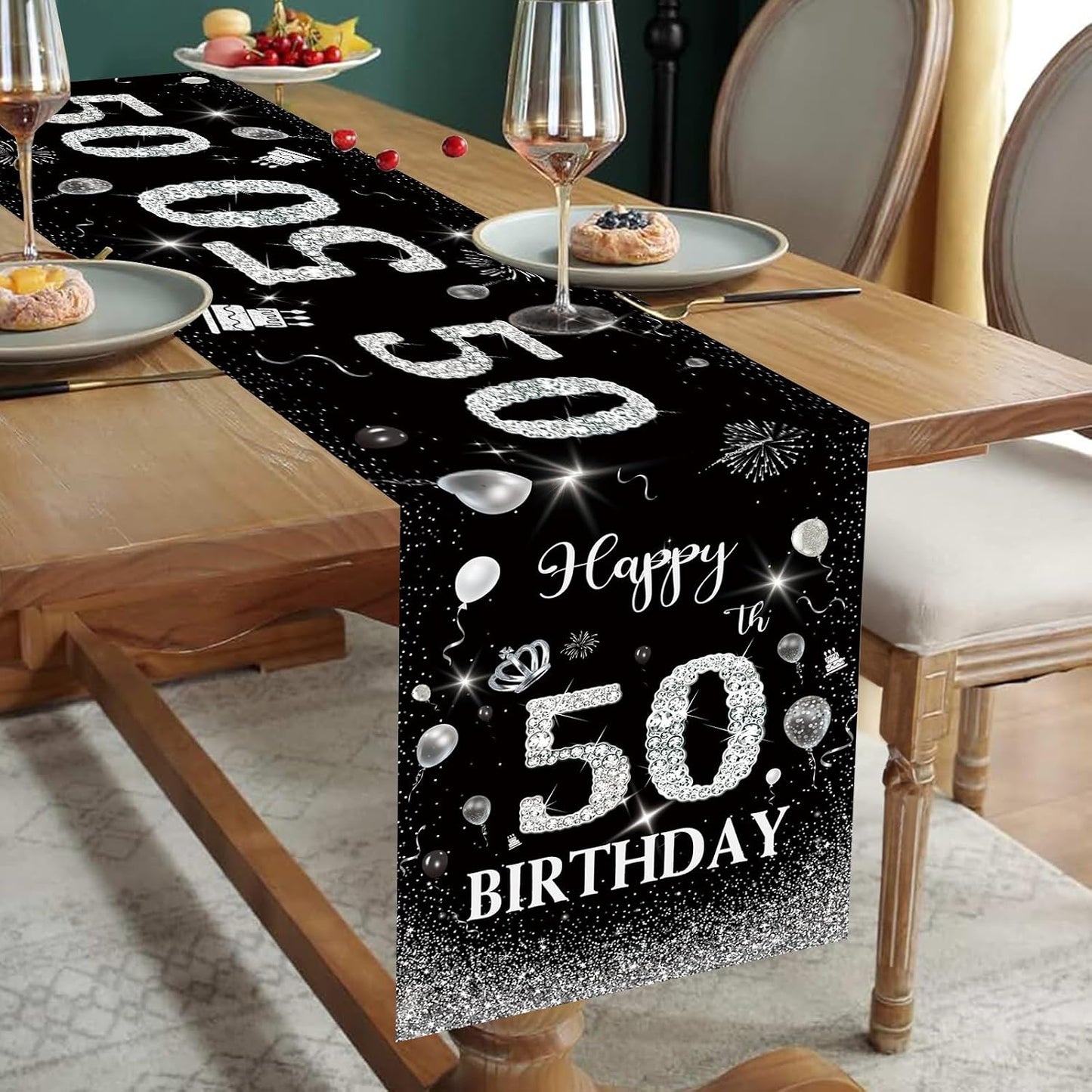Mesa cumpleaños 50 color negro plateado antiderrap 72pulg