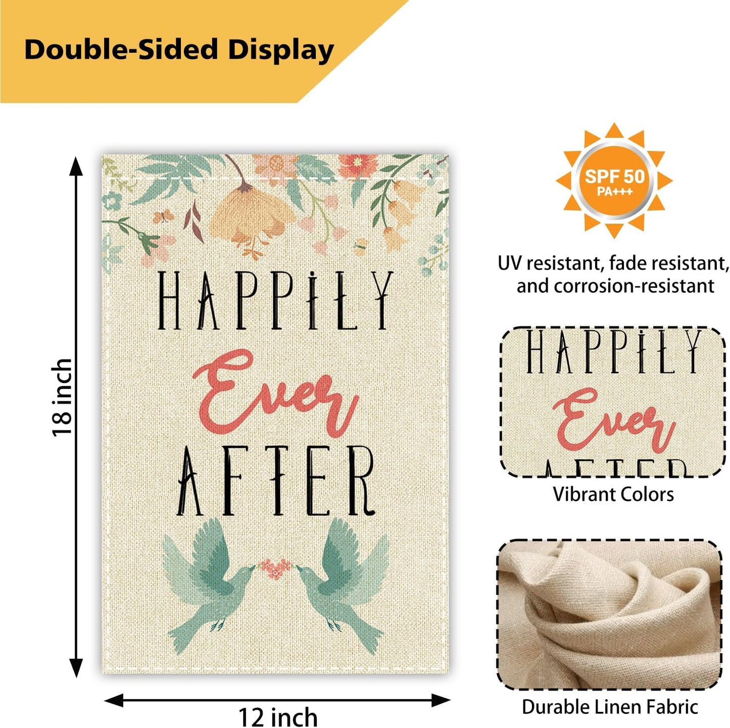 Bandera jardín doble cara 12x18pulg texto «happily ever after»