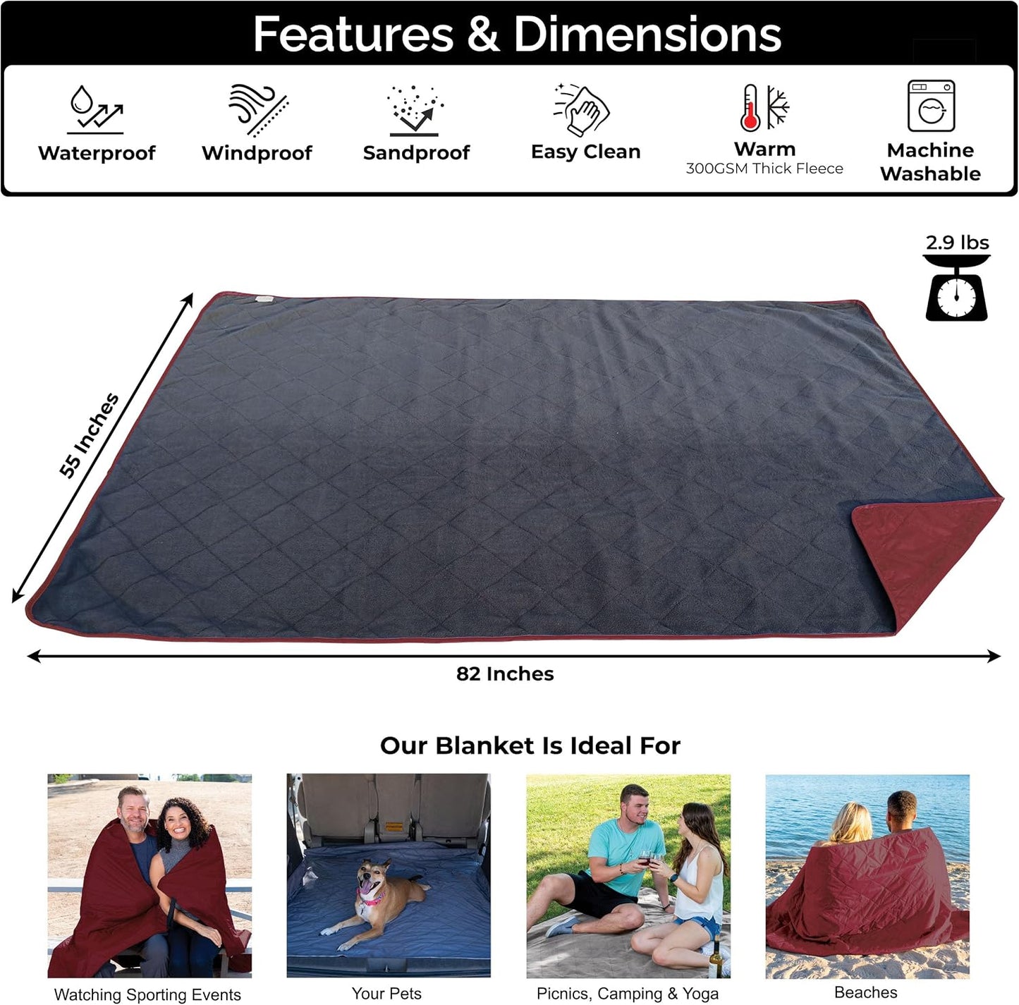 Manta impermeable acolchada 82x55" para playa camping