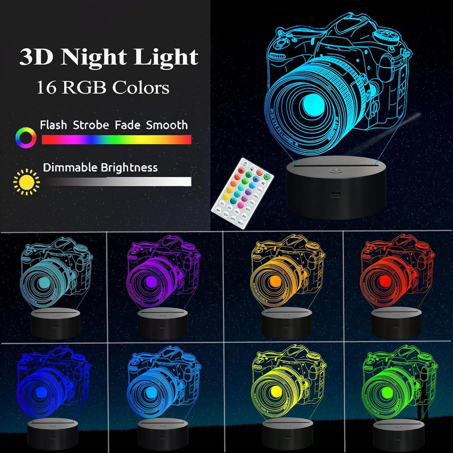 Lámpara nocturna 3D para fotógrafos hombre 16 colores RGB