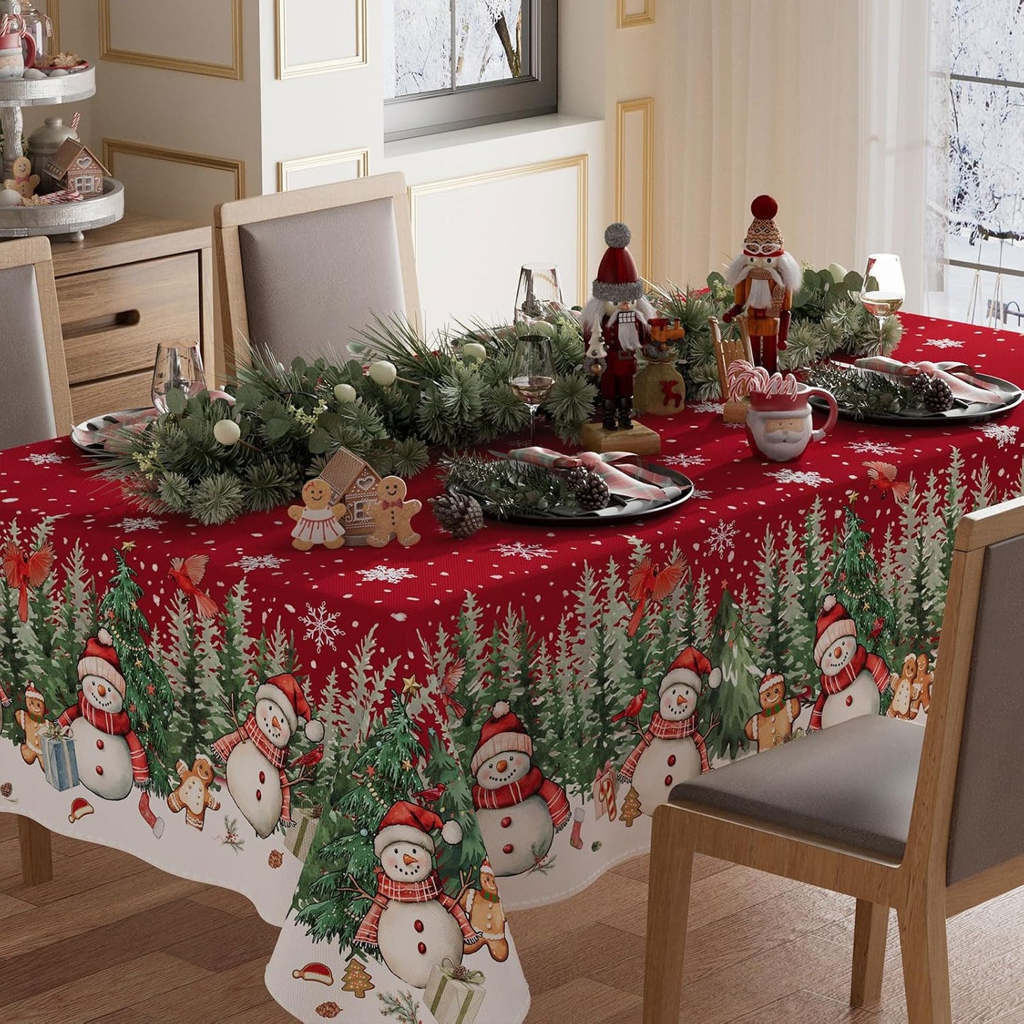 Mantel navideño rectangular con muñeco nieve y árbol lavable