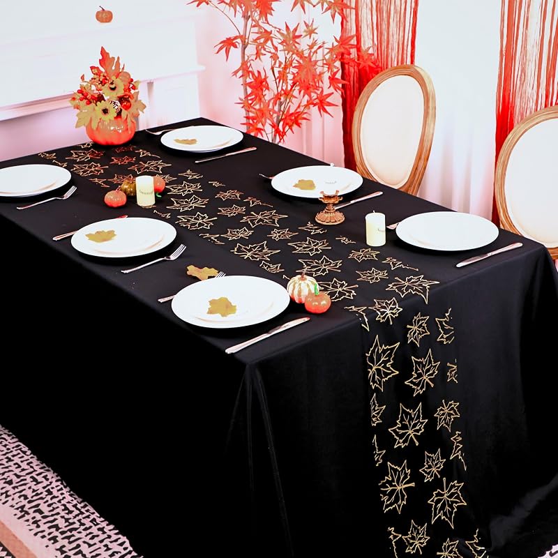 Decoración mesa otoño hojas arce doradas purpurina malla negra