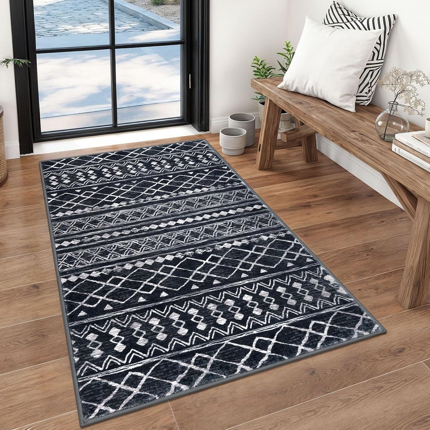 Tapete marroquí geométrico antiderrap 3x5ft negro