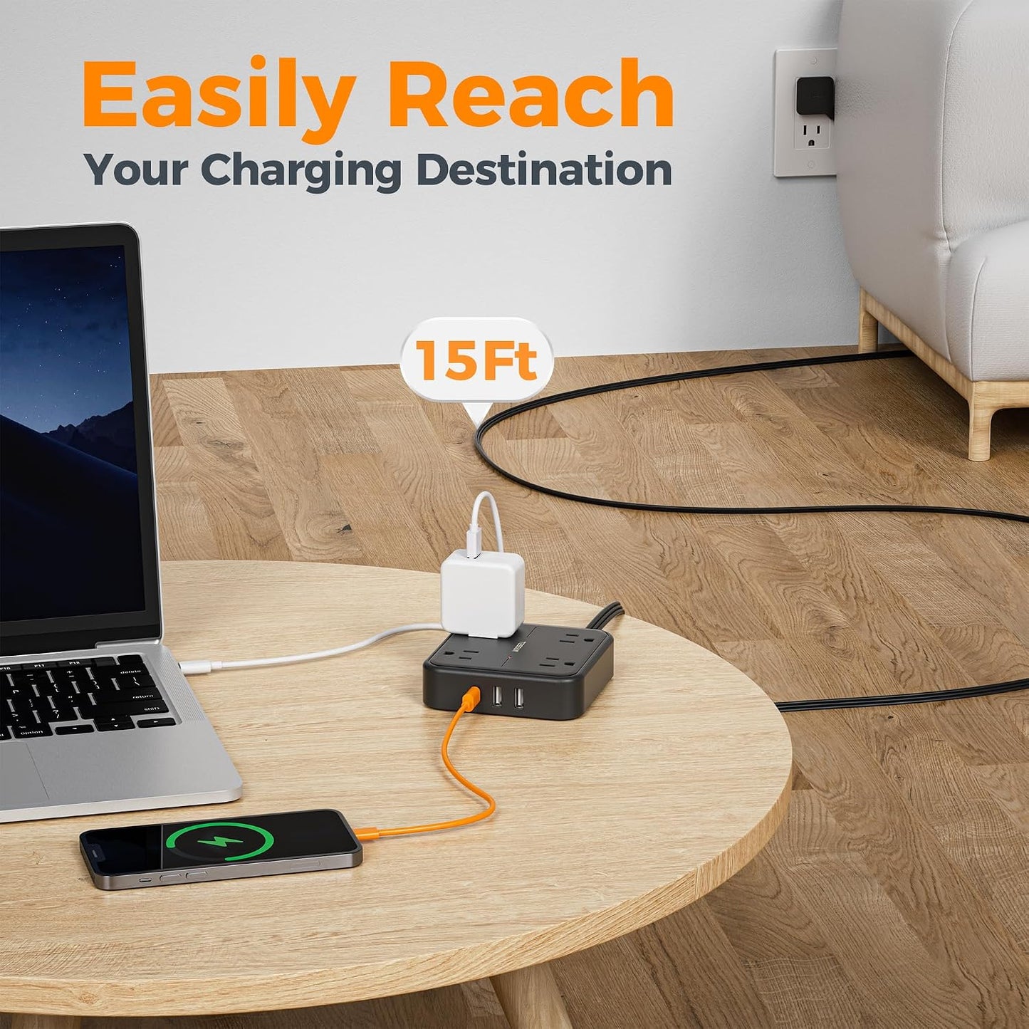 Protector sobretensión cable extensión 15ft 4 tomas 3 puertos USB C