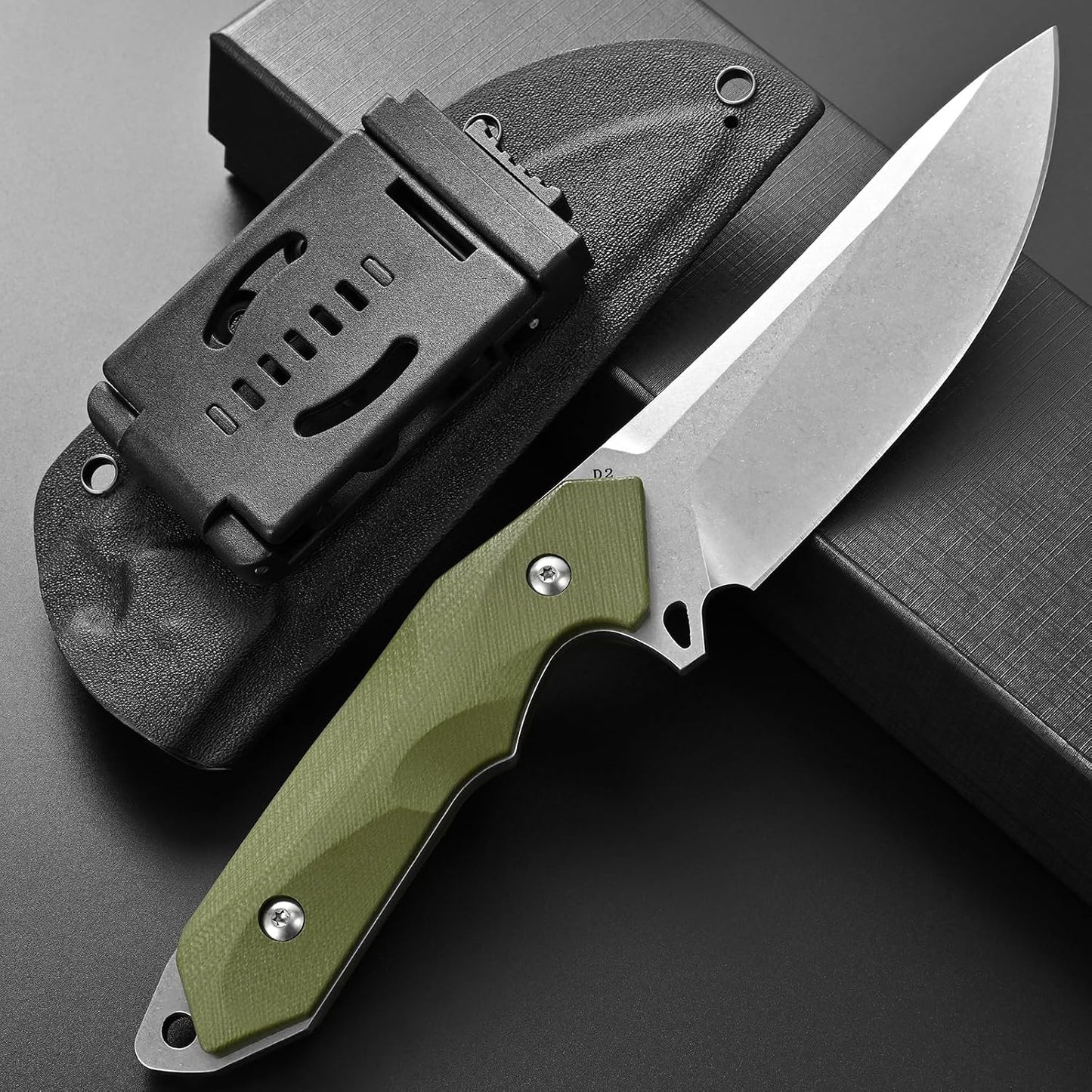 Cuchillo fijo D2 acero mango G10 Kydex verde