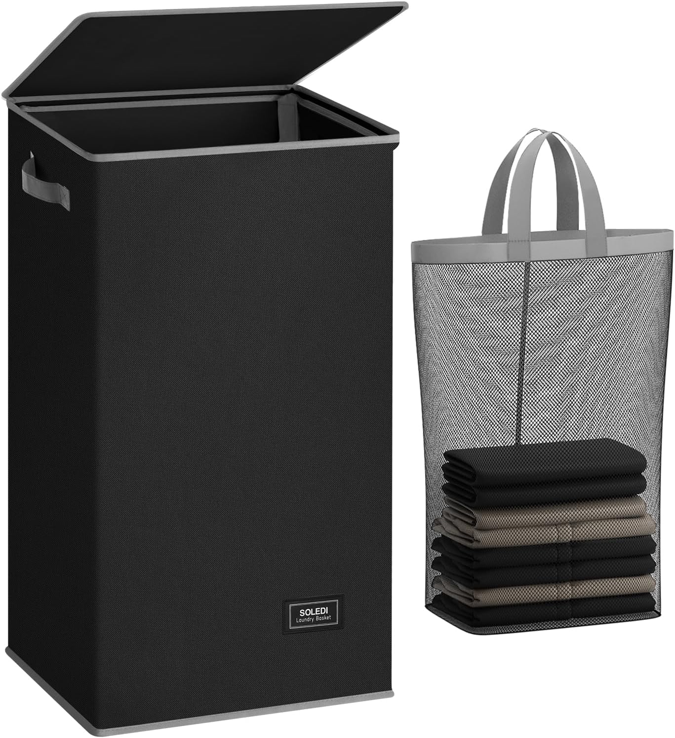 Cesta lavandería negra 100l plegable con tapa y bolsa extraíble