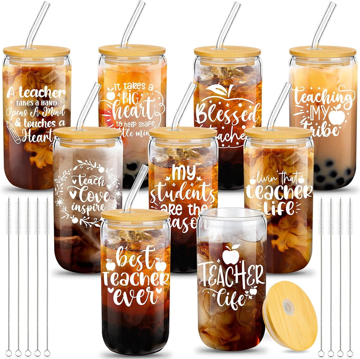9 Set Vasos Vidrio 16oz con Tapas Pajitas Navidad