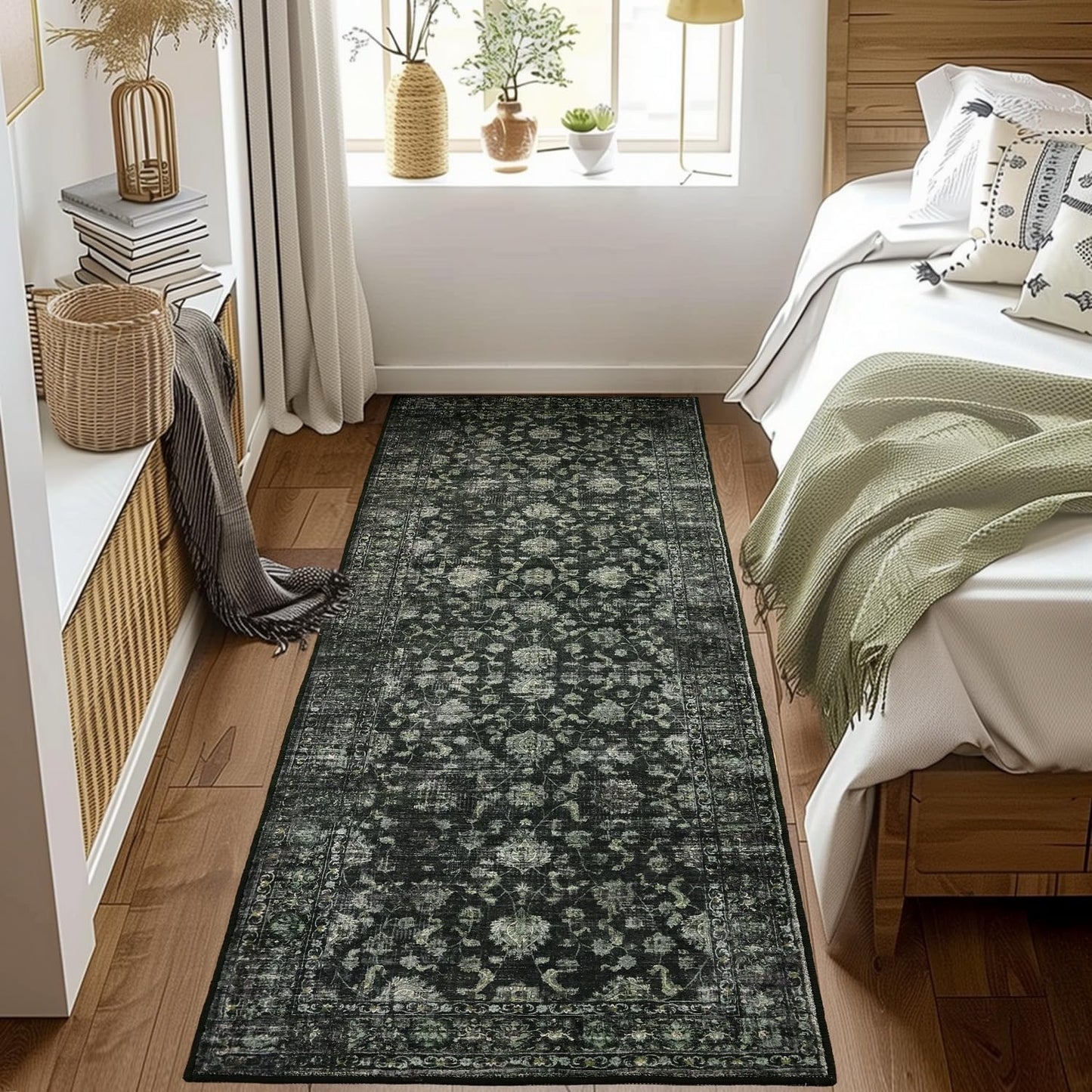 Alfombra bohemia 2x6ft antiderrap lavable color verde