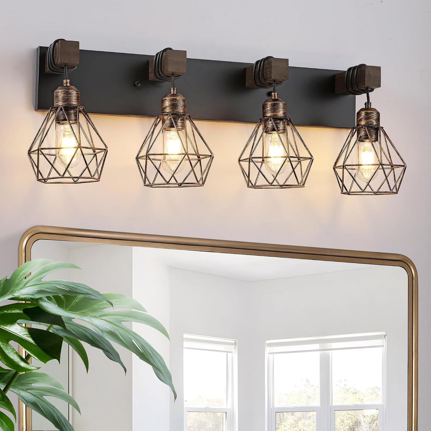 Lámparas doradas de madera 4 luces para baño y sala
