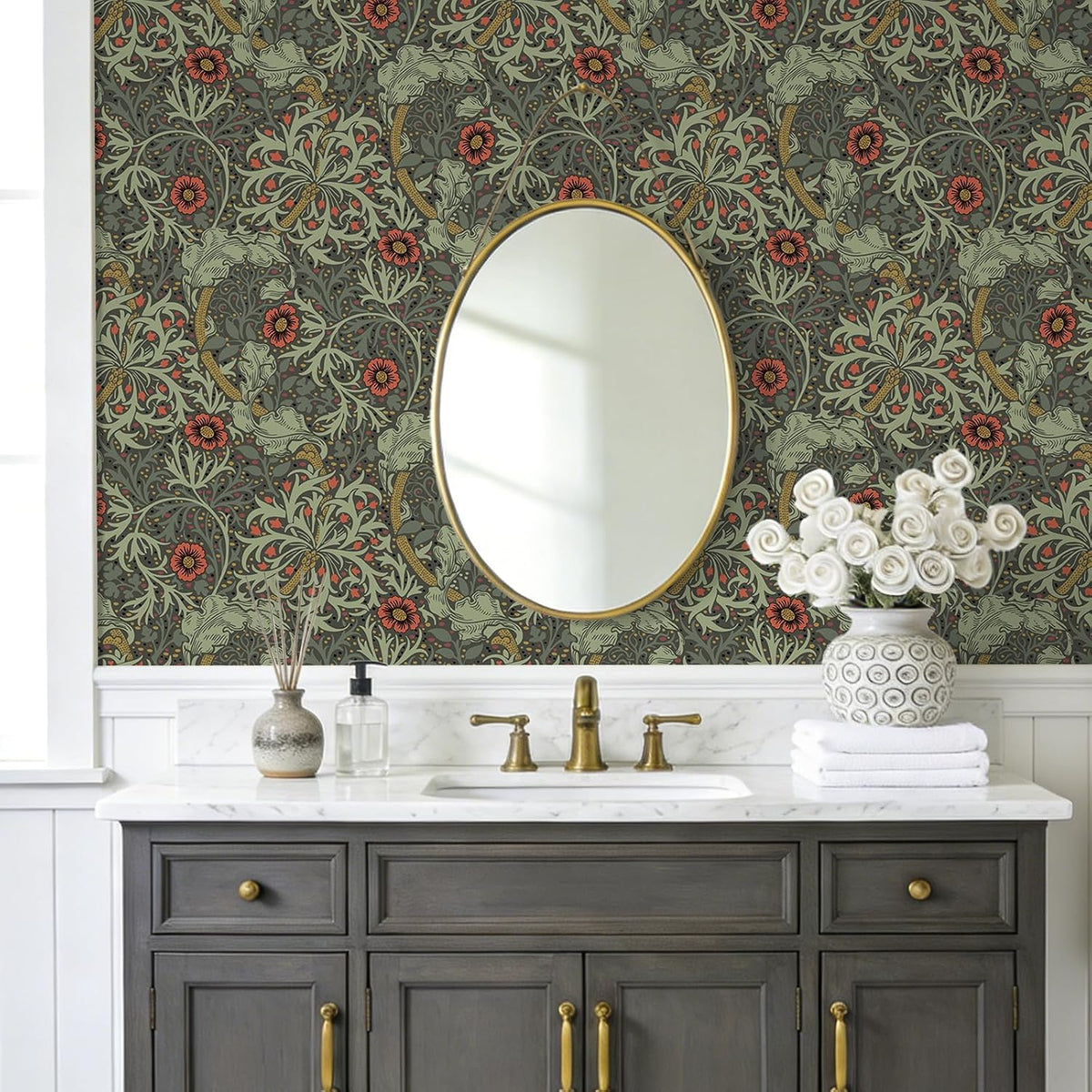 Papel tapiz floral William Morris 17.7x354pulg dormitorio