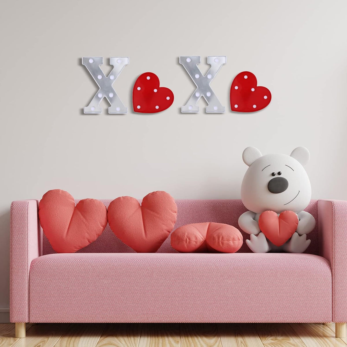 Letrero San Valentín con luz LED forma corazón plateado rojo