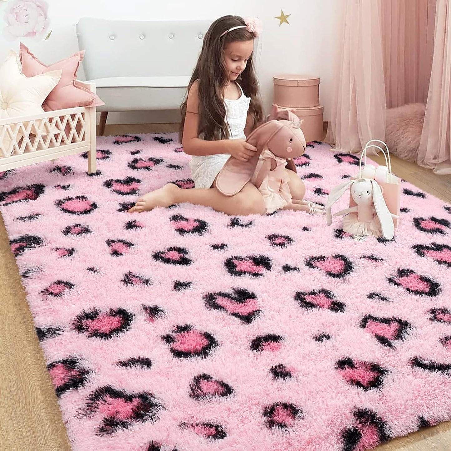 Alfombra antiderrap estampado leopardo rosa dormitorio niña