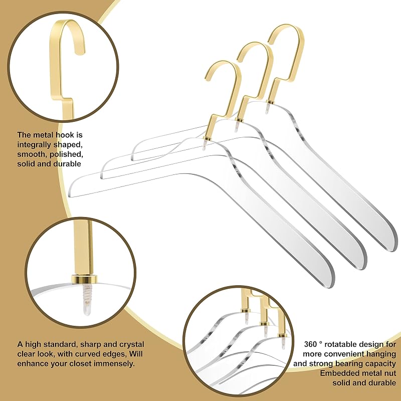 Perchas acrílico transparente 15pulg set 5 ganchos dorados mate