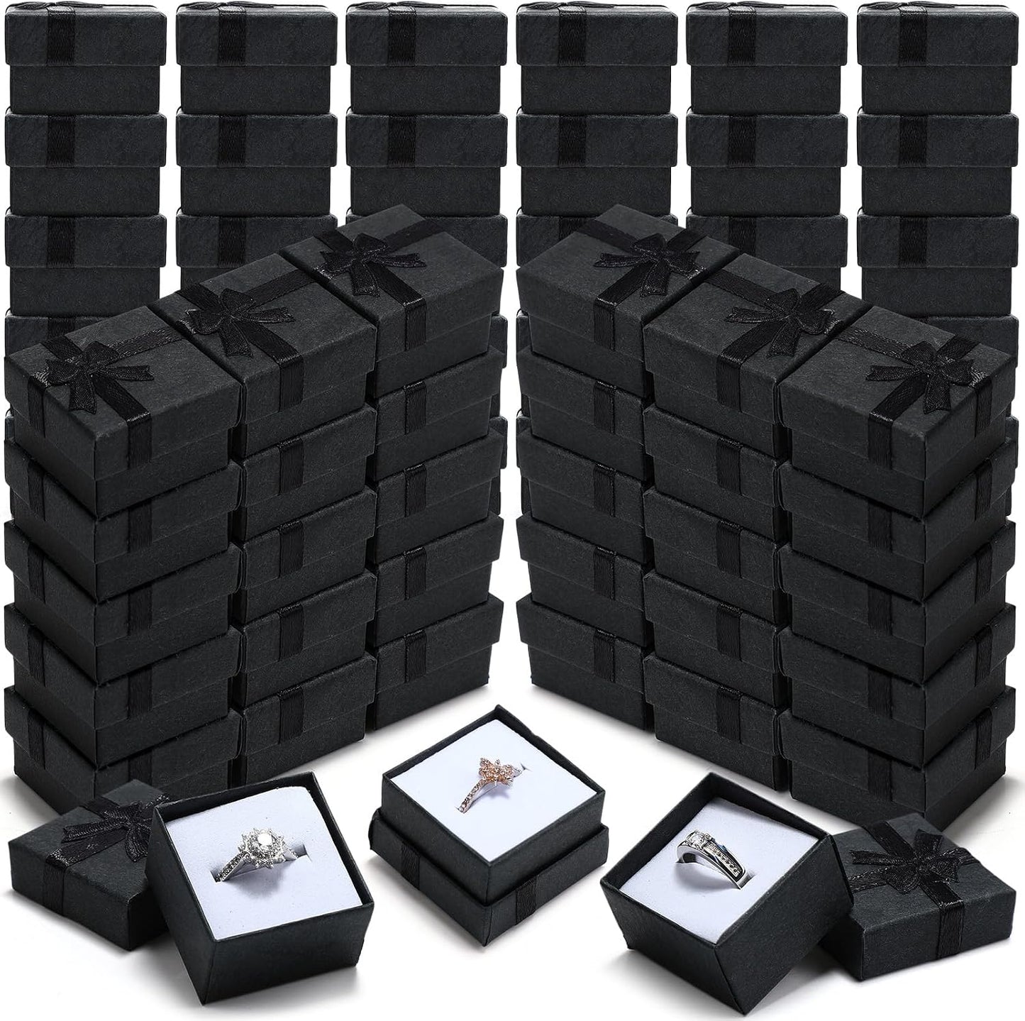 Set 120 cajas regalo anillos cartón lazo cuadrado 1.6x1.6"