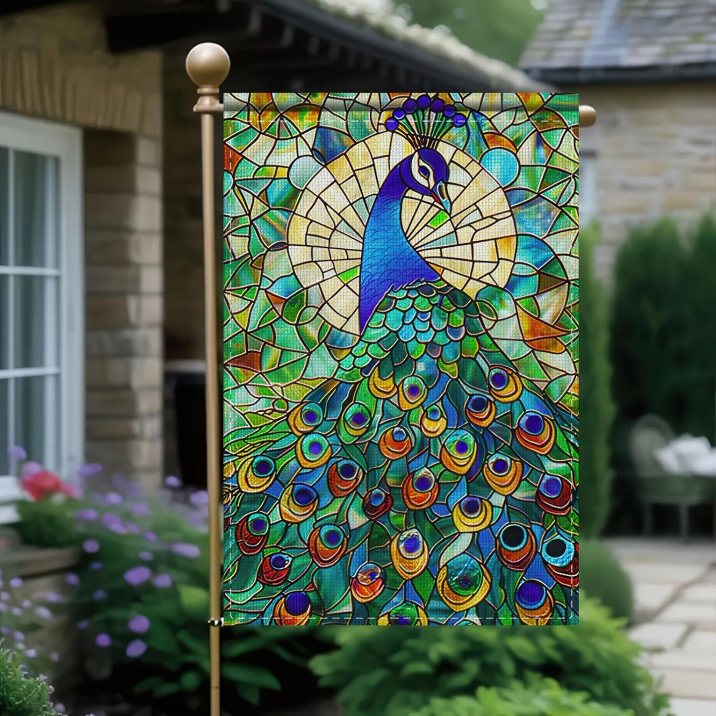 Bandera jardín cristal pavo real 12x18pulg doble cara