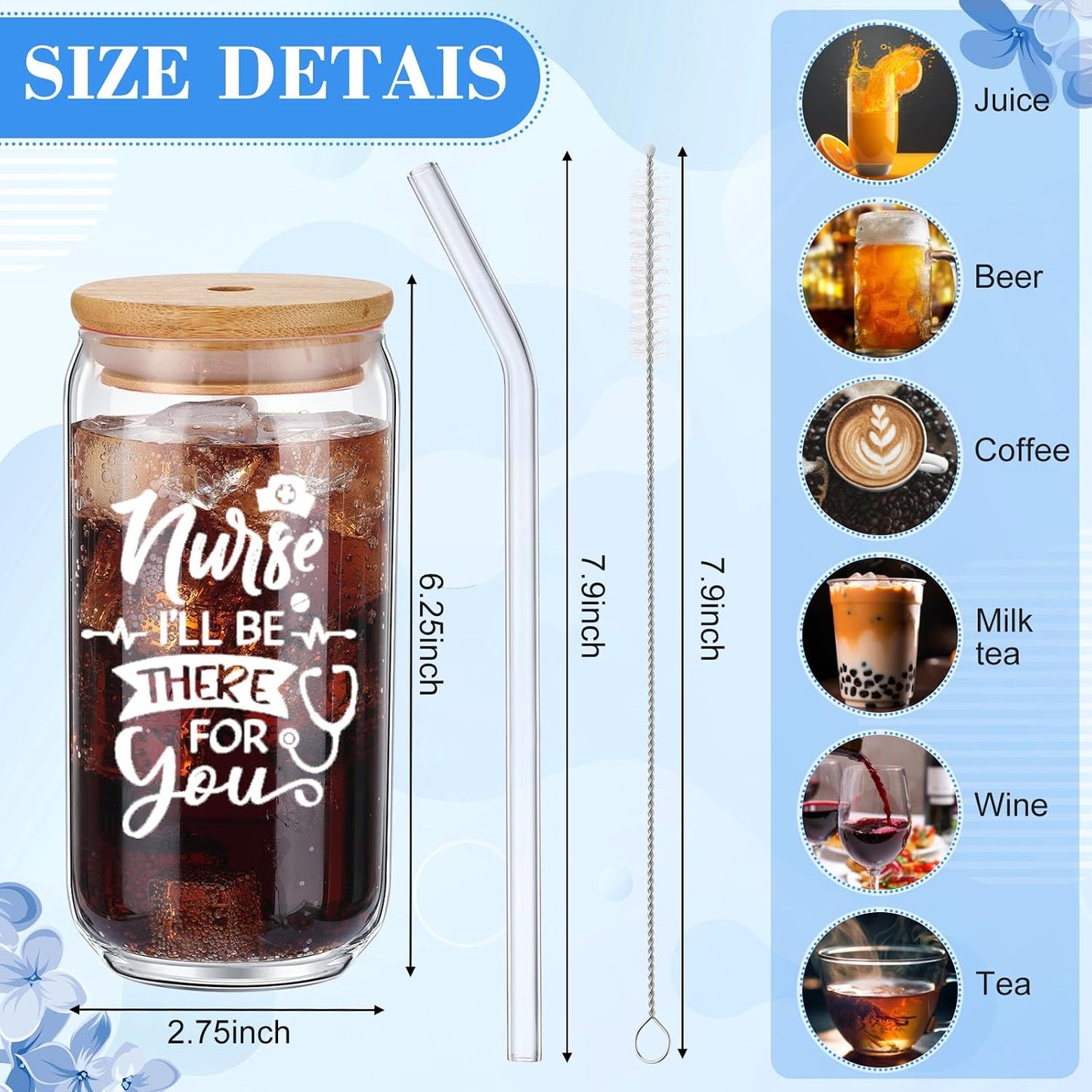 Set 12 regalos enfermeras tazas vidrio 16oz tapas bambú